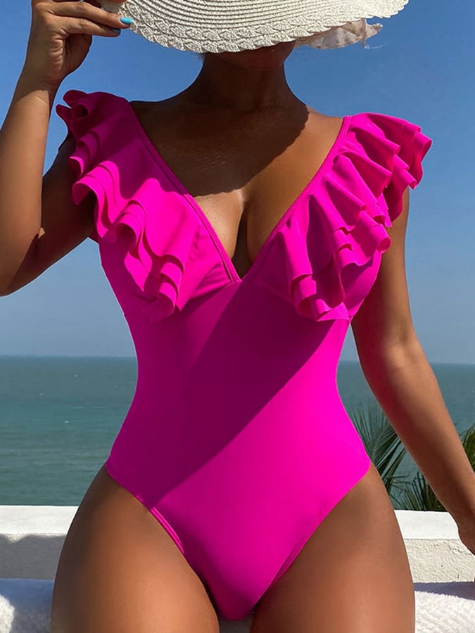 V-Neck Flying Sleeves Tight One Piece Swimsuit