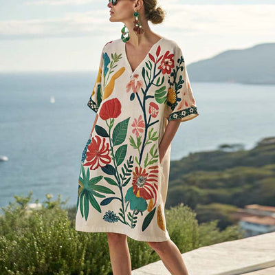 Mini dress with floral print and v-neck