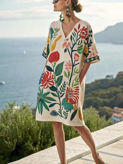 Mini dress with floral print and v-neck