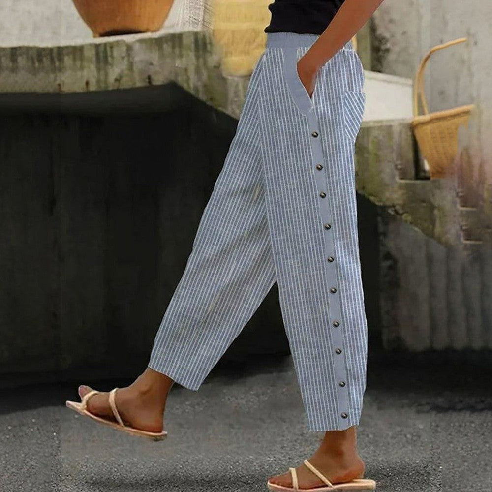 Comfortable Blue Striped Trousers with Pockets