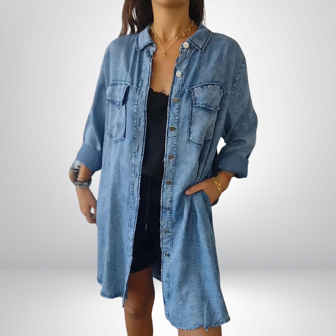 Sofia Long denim jacket with sleeves and elegant cardigan