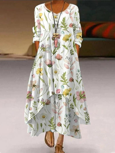 Maxi dress with youthful print and round neck