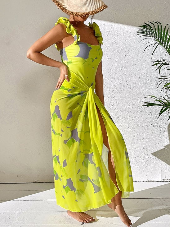 Ruffle Lemon Printed One Piece Swimsuit and Sarong
