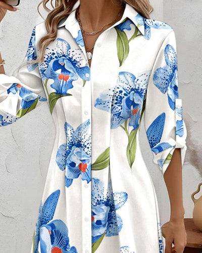 Mini dress with fresh floral print, long sleeves