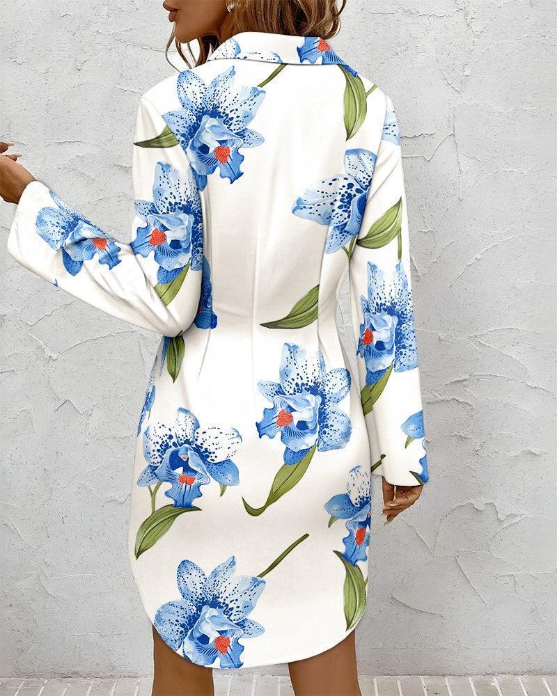 Mini dress with fresh floral print, long sleeves