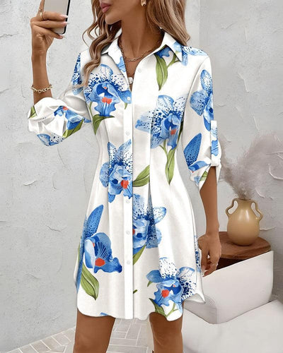 Mini dress with fresh floral print, long sleeves