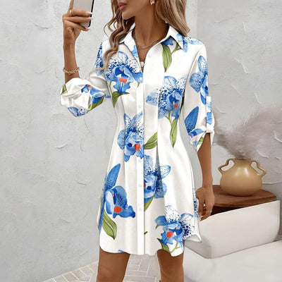 Mini dress with fresh floral print, long sleeves