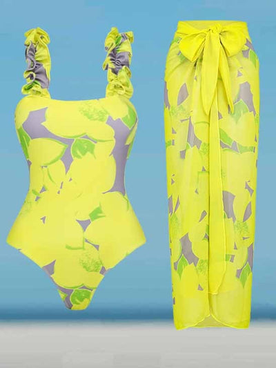 Ruffle Lemon Printed One Piece Swimsuit and Sarong