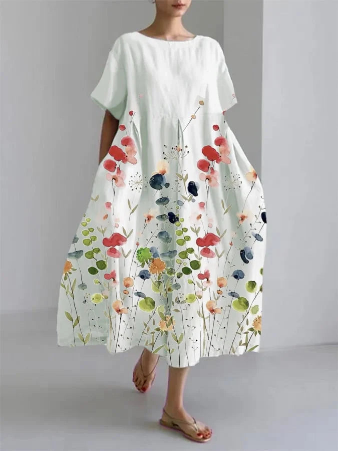 LILIANA  Relaxed long dress with freedom of movement and floral style for summer days