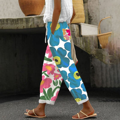 Fresh Floral Print Green Trousers