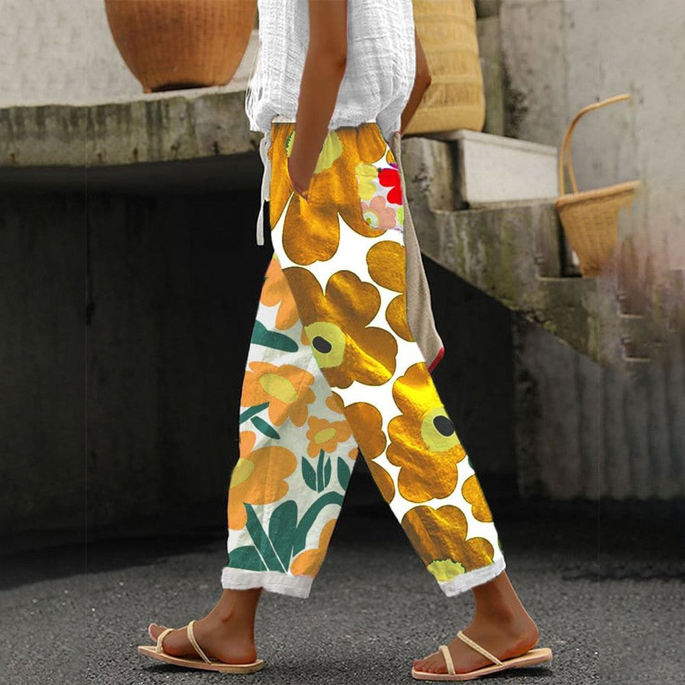 Fresh Floral Print Green Trousers