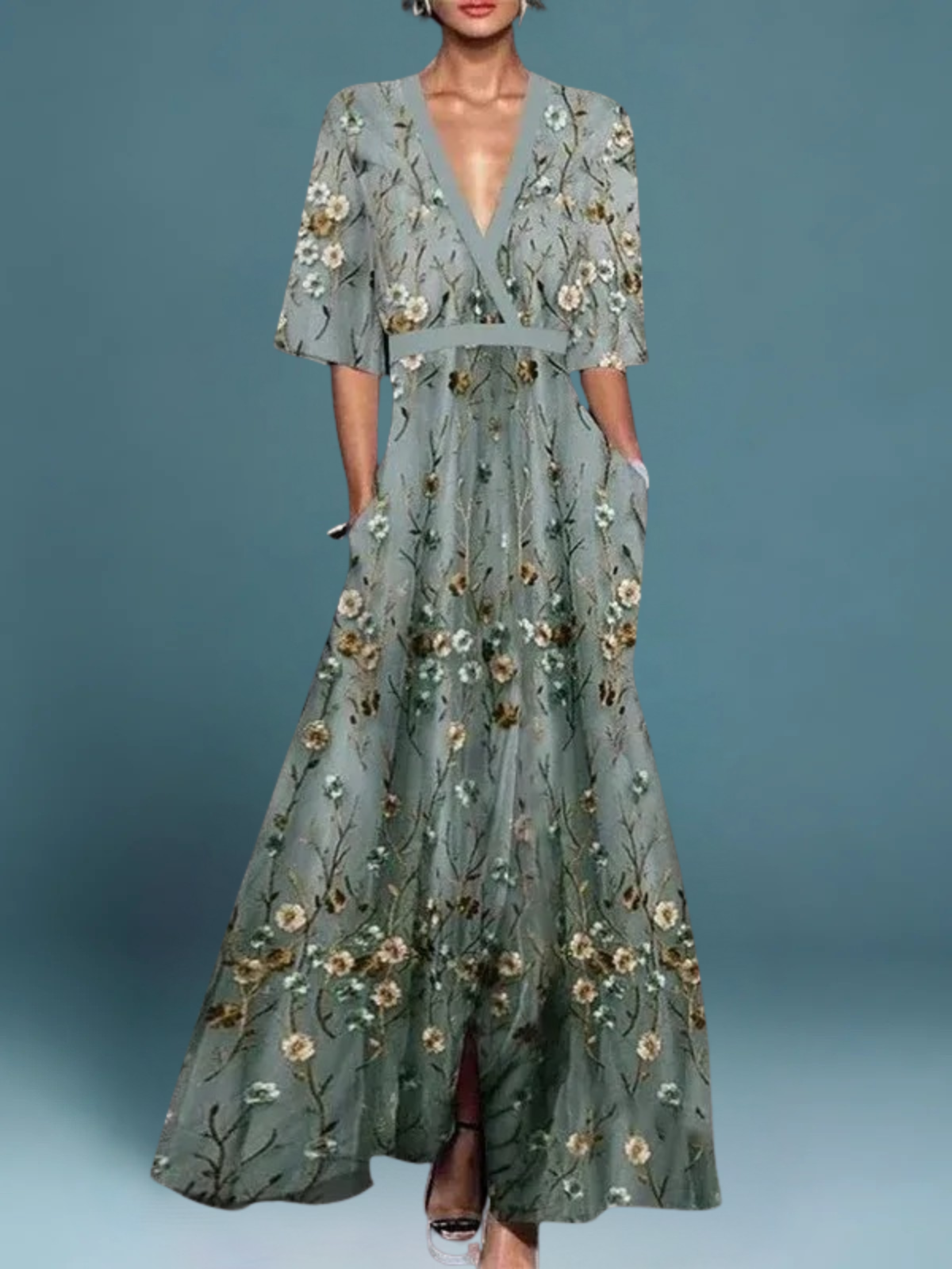 Lauren  Elegant Floral V-Neck Belt Boho Dress