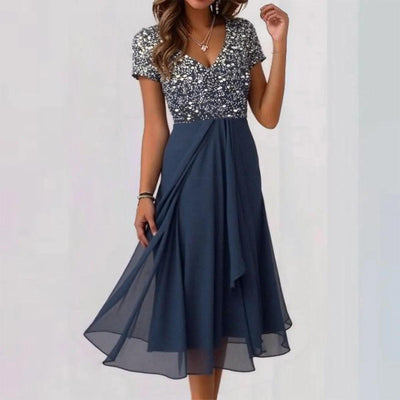 Short blue V-neck midi dresses