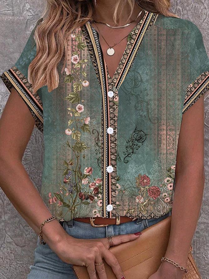 Blouse with green watercolour floral print