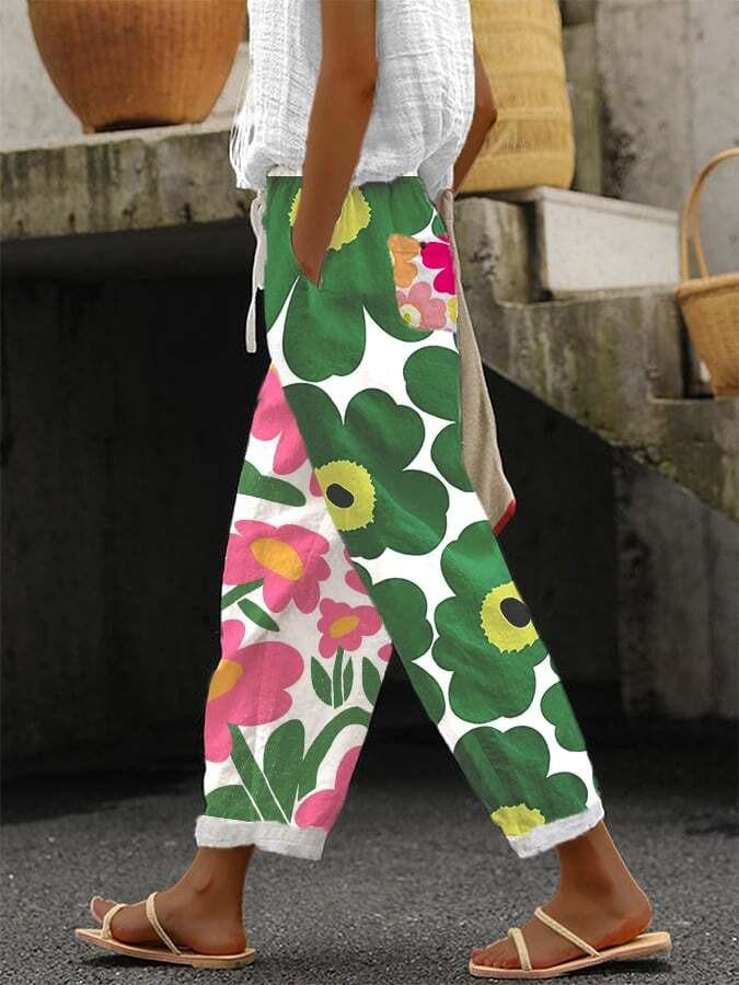 Fresh Floral Print Green Trousers