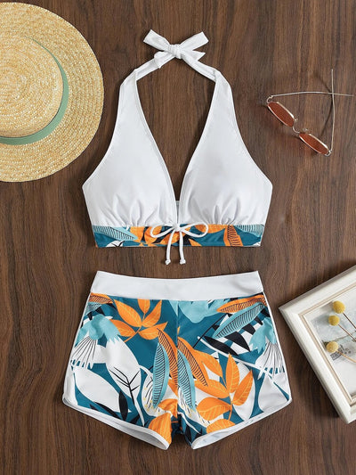 Women's Floral Print Stitching Split High Waist Swimsuit Set