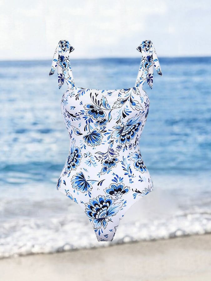 Blue Floral Print Swimsuit and Cover Up