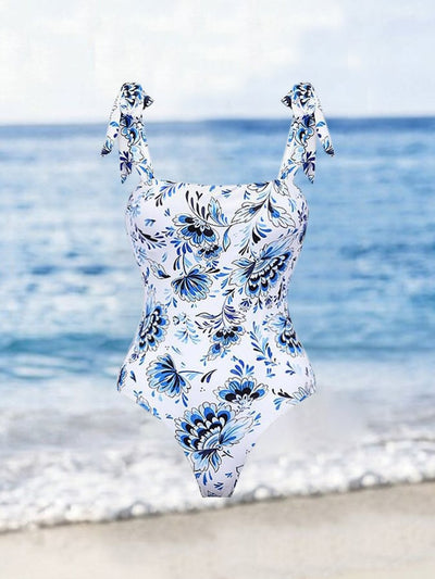 Blue Floral Print Swimsuit and Cover Up