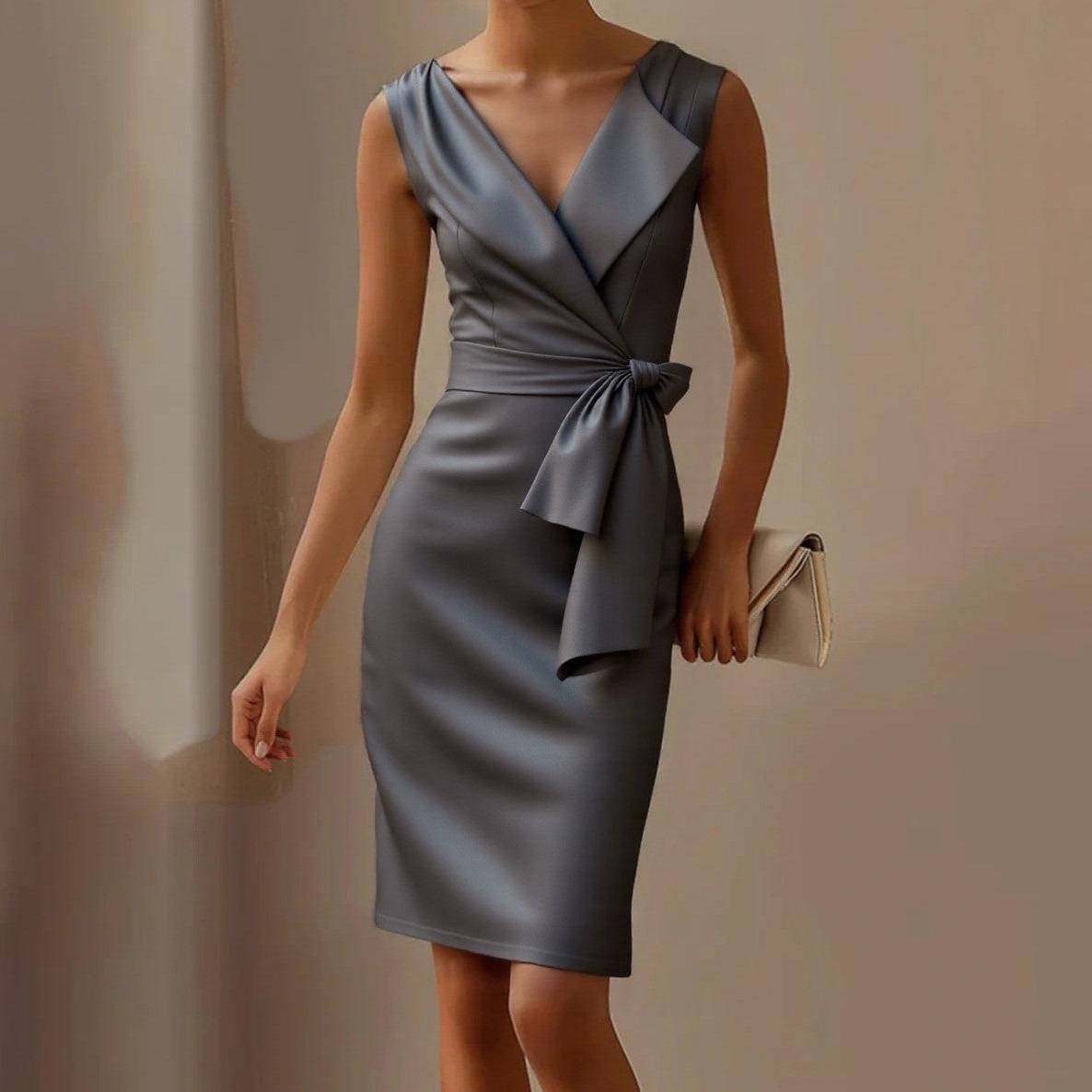 Grey mini dress with V-neck and sleeveless design
