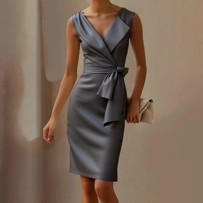 Grey mini dress with V-neck and sleeveless design