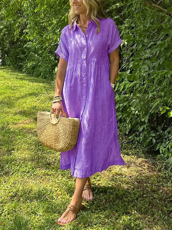 Mital  Striped Shirt Dress with Buttons and Functional Pockets