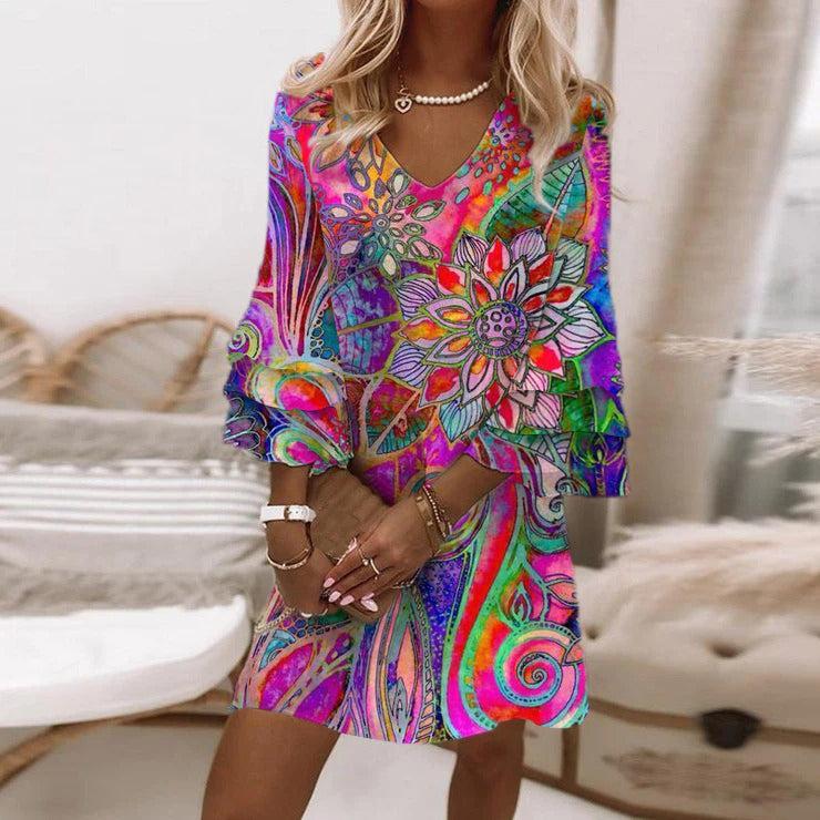 Colourful mini dress with 3/4 sleeves