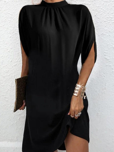 Black midi dress with high collar and slit sleeves