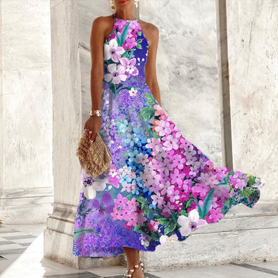 Maxi dress without sleeves with popular purple floral print