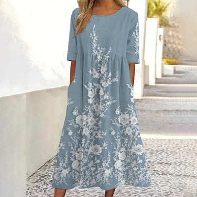 Blue midi dress with round neck and short sleeves
