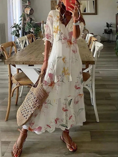 Andrea  Boho Vintage V-Neck Printed Dress