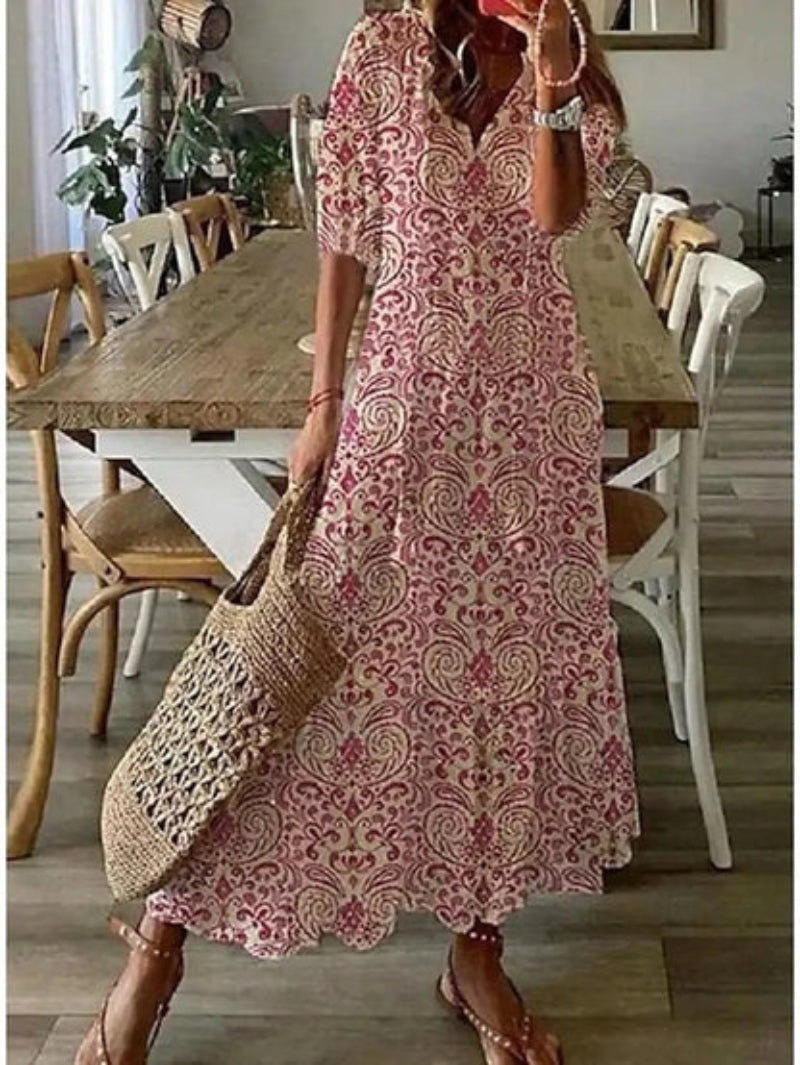 Andrea  Boho Vintage V-Neck Printed Dress