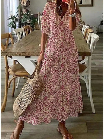 Andrea  Boho Vintage V-Neck Printed Dress