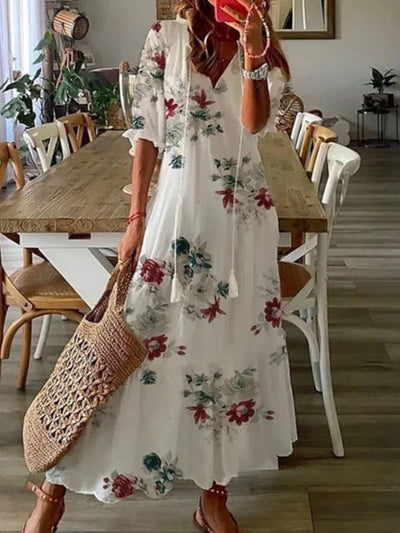 Andrea  Boho Vintage V-Neck Printed Dress