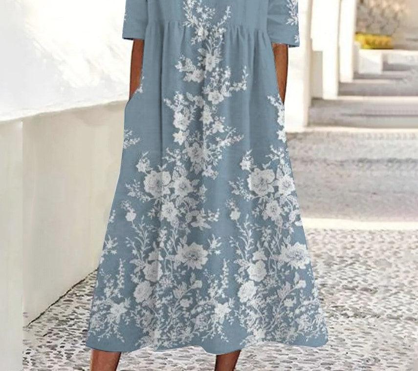 Blue midi dress with round neck and short sleeves
